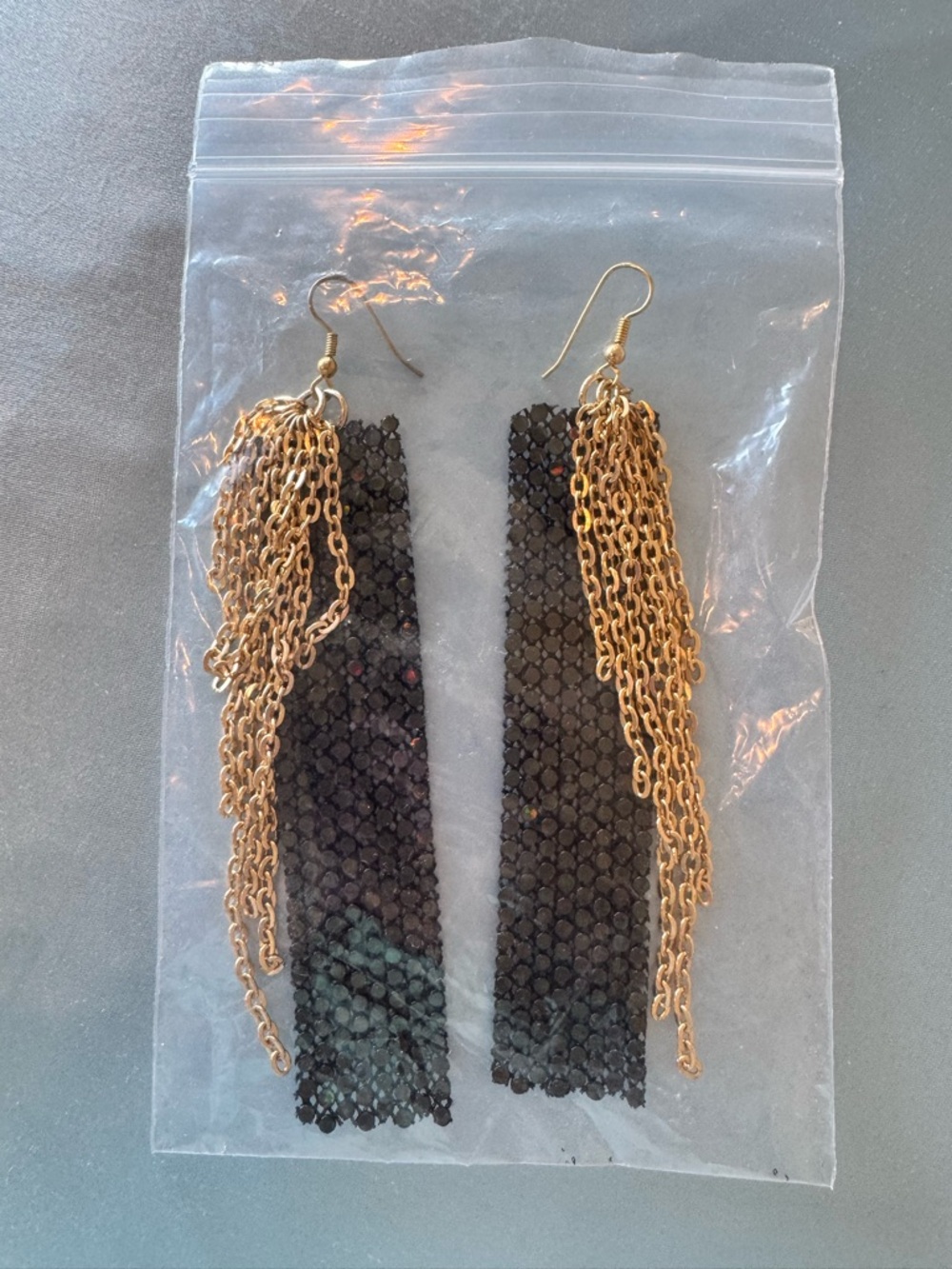 Nicole Romano Gold Chain Fringe Earrings with Black Mesh Metal Drops